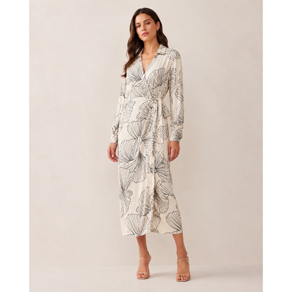 Magaschoni Fan Print Wrap Midi Dress Womens‎ 6 Ivory Black